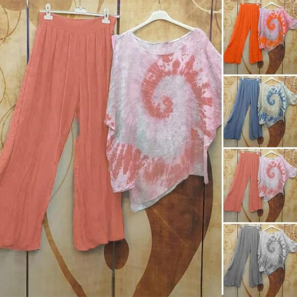 Pantalones de dos piezas para mujer 2 piezas / conjunto Cuello redondo Tie-dye Mujeres Tops Conjunto Medias mangas Dobladillo irregular Vintage Summer T-shirt Pantalones Traje Ropa