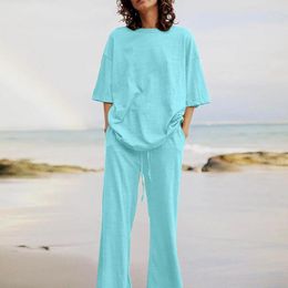 Dames tweedelige broek 2 pc's/Set Stijlvolle diepe kruis stretchy taille vrouwen Set Summer Blouse Suit eenvoudig ademend ademend