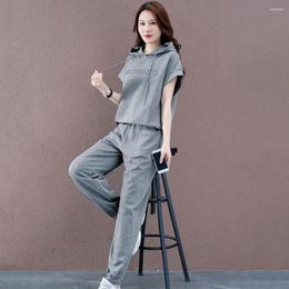 Pantaloni a due pezzi da donna 2 pezzi/set Tuta estiva da donna alla moda con cappuccio allentato con coulisse Set morbido