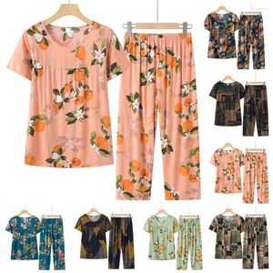 Tweedelige damesbroek, 2 stuks/set, trendy oma-nachtkleding, dunne dagelijkse kleding, wijde pijpen, zachte, comfortabele zomerpyjama