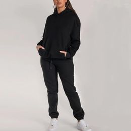 Zweiteilige Damenhose, 2 Stück/Set, Damen-Herbst-Trainingsanzug, mit Kapuze, elastische Taille, lange Ärmel, Pullover, warm halten, aufgesetzte Tasche, Winter-Hoodie