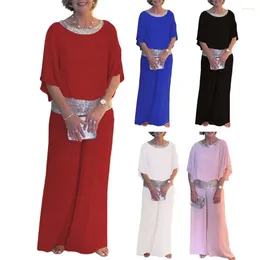 Pantalon de deux pièces à deux pièces 2 PCS / Set Femmes Tenue de tenue Blouse Top Costume Sleeurs de chauve-souris à paillettes brillantes