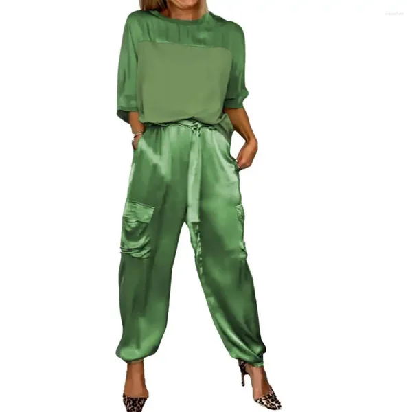 Pantalon de deux pièces pour femmes 2 pièces / ensemble femmes tenue chemisier haut ensemble satin vert taille à lacets couleur unie lâche été