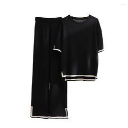 Pantalones de dos piezas para mujeres 2 pcs/set Camiseta de mujer Set dividido suelto de contraste de contraste mangas cortas de la cintura elástica de la pierna ancha del verano-117