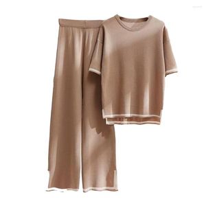 Pantalons de deux pièces à deux pièces 2 pcs / ensembles t-shirts pour femmes Split Split Loose Casual Coumter Couleur courte manches élastiques élastiques