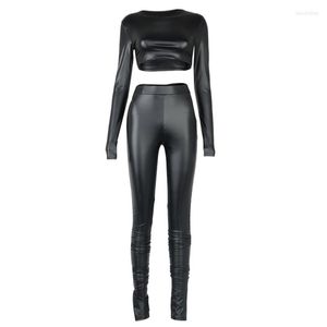 Pantalon de deux pièces pour femmes 2 pièces femmes tenues sexy automne adultes faux cuir à manches longues col rond haut court fente froncée