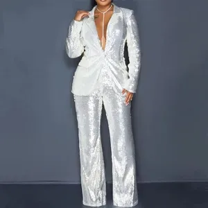 Tweedelige broek van dames 2 -delige set mode Solid Blazer Pant Suits Spring 2023 Lange mouw pailletten blazer jas hoge taille brede been broek vrouwelijk y068