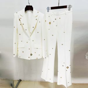 Vrouwen Tweedelige Broek 2 delige Set Witte Formele Broek Sets Nieuwste Hot Enkele Knop Lange Mouw Blazer Jas Wijde Pijpen Broek Dames Elegante C1039