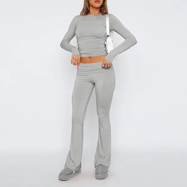 Pantalon deux pièces pour femmes, ensemble 2 pièces évasé pliable, haut court à manches longues, tenues décontractées, pyjama