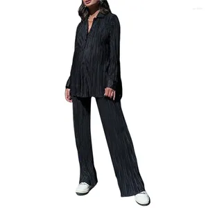 Pantalon de deux pièces pour femmes 2 pièces ensemble tenue pour femme vêtements de détente couleur unie manches longues boutonné chemisier plissé chemise ample jambe large