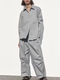 Pantaloni a due pezzi da donna 2 Set Set da donna 2024 Camicie monopetto grigio primavera Elastico in vita Camicetta lunga confortevole Abito femminile