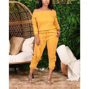 Dames Two -Piece broek 2 Sets Womens Outfits 5xl Off Shoulder Slash Neck Lange Mouw Tracksuit Women Solid Color Drawtring Taille