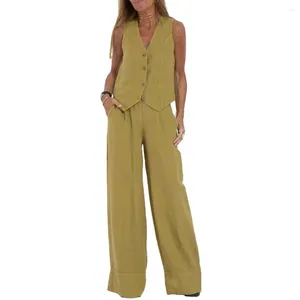 Pantalon de deux pièces pour femmes 2 costumes pour femmes élégant ensemble de linge de coton avec gilet sans manches jambe large tenue de bureau sorties décontractées