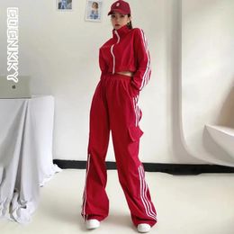 Tweedelige broek van dames 2 vrouwen gestreept trainingspak brede pijlen sets Koreaanse harajuku mode casual losse rode joggers sporten bijgesneden jas