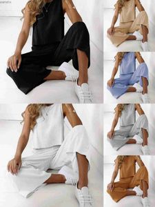 Tweede stuk broek voor dames 2017 Summer European en American Womens New Fashion Set Casual katoenen linnen mouwloze solide kleur Tweede stuk setl240429