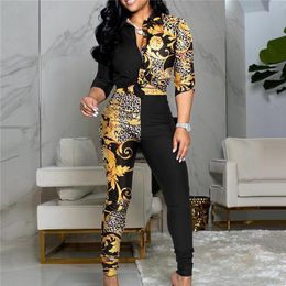 Vrouwen Tweedelige Broek 2021 Mode Dames Chique Set Outfits Letter Print Colorblock Knoop Front Dichtgeknoopt Top Hoge Taille