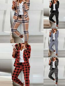 Vrouwen Tweedelige Broek 2022 Herfst Casual Plaid Print Lange Mouw Blazer Jas Trekkoord Set Stukken Pakken Dames Elegante Dames Tops