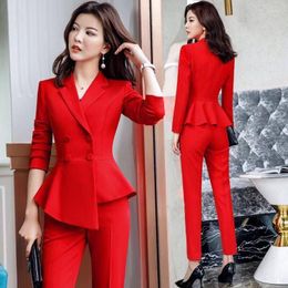 Dames tweedelige broek 2022 Red Blazer Pakken vrouwen Set Casual Double Breasted Slim Long Sleeve Host Formeel werk Femme Kimono