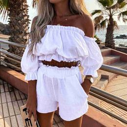 Damen Zweiteilige Hose 2022 Sommer Damen Off-the-Shoulder Puffärmel Abgeschnittener Nabel Sexy Casual Tops Zwei Stücke Elastische Taille Shorts Sportbekleidung J230713