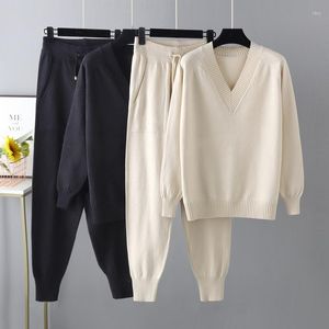 Pantalon de deux pièces pour femmes 2022 Femmes tricotées Survêtement 2 pièces Ensemble Pull à col en V Carotte Jogging Pull Chic Outwear