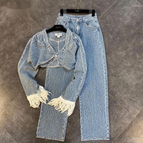 Pantalon de deux pièces pour femmes 2023 Arrivées d'automne Manches longues à manches longues Bouton simple Denim Veste courte pleine longueur Jeans Set Femmes GC357