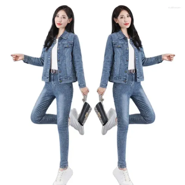 Pantalon de deux pièces pour femmes 2023 Automne Jeans Costume Femmes Petit pied Deux pièces Coréenne Casual Mode de réduction de l'âge Taille haute Slim Denim Femme