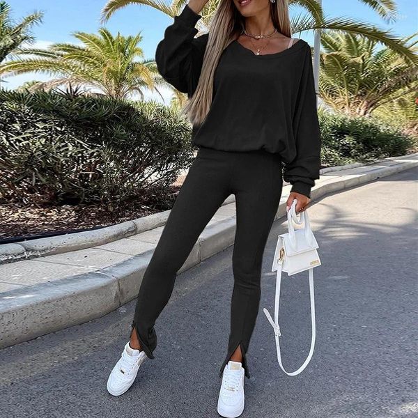 Pantalon de deux pièces pour femmes 2023 Automne Dames Street Commuter Casual Set Solid Color Bat Sleeve Loose T-shirt Match Elastic Outdoor