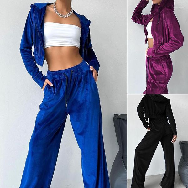 Pantalones de dos piezas para mujer 2023 Otoño Color sólido Pleuche Traje deportivo Mujeres Chaqueta con capucha de manga larga Cordón Bolsillo de cintura alta