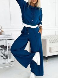 Pantalones de dos piezas para mujer 2023 Otoño Invierno Conjuntos a juego Mujeres Loungewear Patchwork Traje con capucha Jersey Top Pierna ancha Trajes de damas
