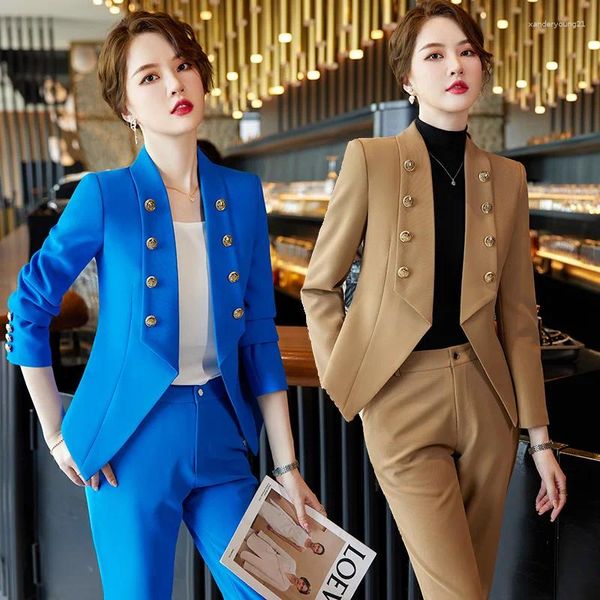 Pantalon de deux pièces pour femmes 2023 Automne Hiver Dames Pantalon formel Costume 2 Set Femmes Bleu Kaki Femme Business Work Wear Blazer Veste et