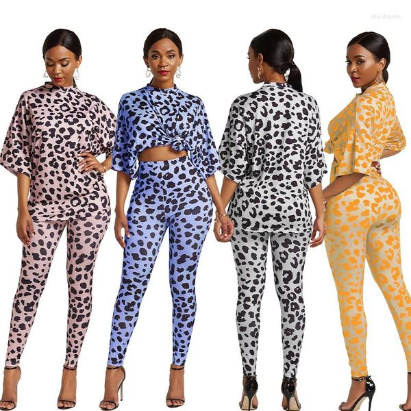 Pantalones de dos piezas para mujer, ropa 2023, conjunto de ropa informal de dos piezas para mujer, Tops con patrón estampado de leopardo, caqui largo, amarillo, azul y gris