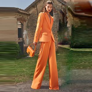 Tweede stuk broek voor dames 2023 Designer Runway Suit Set Orange Single Button Metal Rings Blazer Wide Leg Pants Set Y051