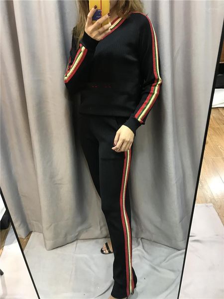 Pantalones de dos piezas para mujer, traje de invierno de fibra de bambú de lana completa con cordón 2023, suéter de punto con cuello en V para mujer, pantalones de dos piezas de Cachemira 2 para mujer