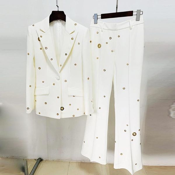 Pantalones de dos piezas para mujer 2023 Est Designer Fashion Runway Suit Set Slim Fit Single Button Rivet Eyelet Lapel Blazer 2pcs