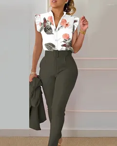 Pantalon de deux pièces pour femmes 2023 Fashion 2 Flower Print Top Shirt Suit Sexy Sexy Casual Belt Coutr