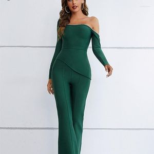 Dames tweedelige broek 2023 Fashion Celebrity Green 2 Pieces Set Diamond Top Lady Long Sleeve Rayon Bandage