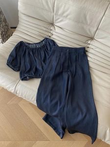 Dames Tweedelige Broek 2023 Mode Pak Eén woord Schouder Bubble Korte mouwen Katoenen Denim Top Broek 2-delige set 0609