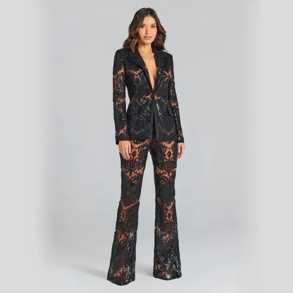 Pantalon de deux pièces pour femmes 2023 haute qualité dentelle blanche femme à la mode ensemble sexy voir à travers costume manteau et évasé 2 pièces soirée soirée