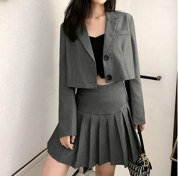 Pantalon de deux pièces pour femmes 2023 Veste étudiante jupe plissée costume femme argent gris blazer dame bureau travail à manches longues blazers robe courte