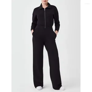 Pantalon deux pièces pour femmes, manches longues, jambes larges, couleur unie, combinaison avec fermeture éclair, poche à revers, costume féminin, 2023