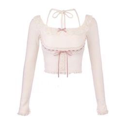 Tweedelige broek voor dames 2023 roze Japanse stijl Kawaii Lolita Crop top Vrouwen Wit Koreaans College Zoete Solid Bow Lace Franch Cute Princess Blouse 230224