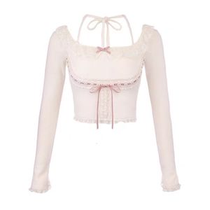 Tweedelige broek voor dames 2023 roze Japanse stijl Kawaii Lolita Crop top Vrouwen Wit Koreaans College Zoete Solid Bow Lace Franch Cute Princess Blouse 230224
