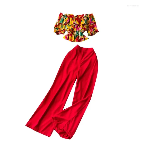 Pantalones de dos piezas para mujer, conjunto francés Sexy de un hombro, camisa con estampado Floral de lana, ropa de calle de pierna ancha de cintura alta, 2023