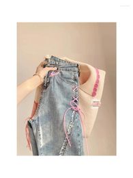 Pantalon de deux pièces pour femmes 2023 Printemps Mode coréenne Femmes Streetwear Lace-up Split Casual Jeans Large Jambe Harajuku Kawaii Tricoté Lâche