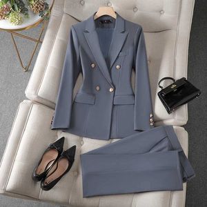 Tweedelige broek voor dames 2023 Spring nieuwe single chest pocket jas casual heren twee elegante damesheren kantoor setc240407
