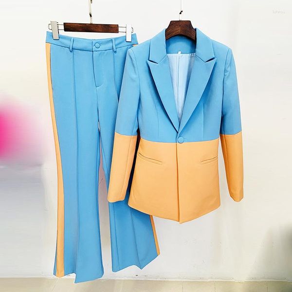 Pantalones de dos piezas para mujer 2023 Star Fashion Set Un botón Contraste Color Block Traje Bell