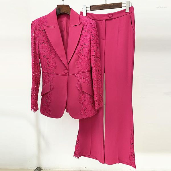 Pantalon de deux pièces pour femmes 2023 Star Fashion Lace Splice Slim Fit Single Button Costume Haut-parleur Ensemble Rose Rose Veste Femme