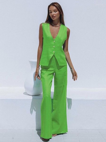 Femmes deux pièces pantalons 2023 été coton vert ensembles gilet haut et large jambe pièces ensemble dames bureau costumes tenues