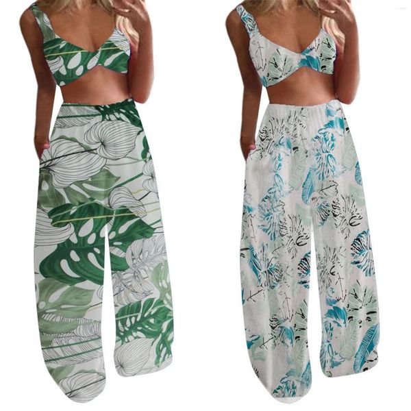 Pantalones de dos piezas para mujer 2023 Conjuntos de algodón y sujetador de verano Planta casual Impreso Sin mangas Camis Tops Largo 2 Conjunto Traje de pantalón de satén verde