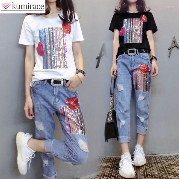 Pantalones de dos piezas para mujer, conjunto elegante de verano 2023 para mujer, camiseta de manga corta con lentejuelas a la moda, pantalones vaqueros perforados, Tops informales de dos piezas